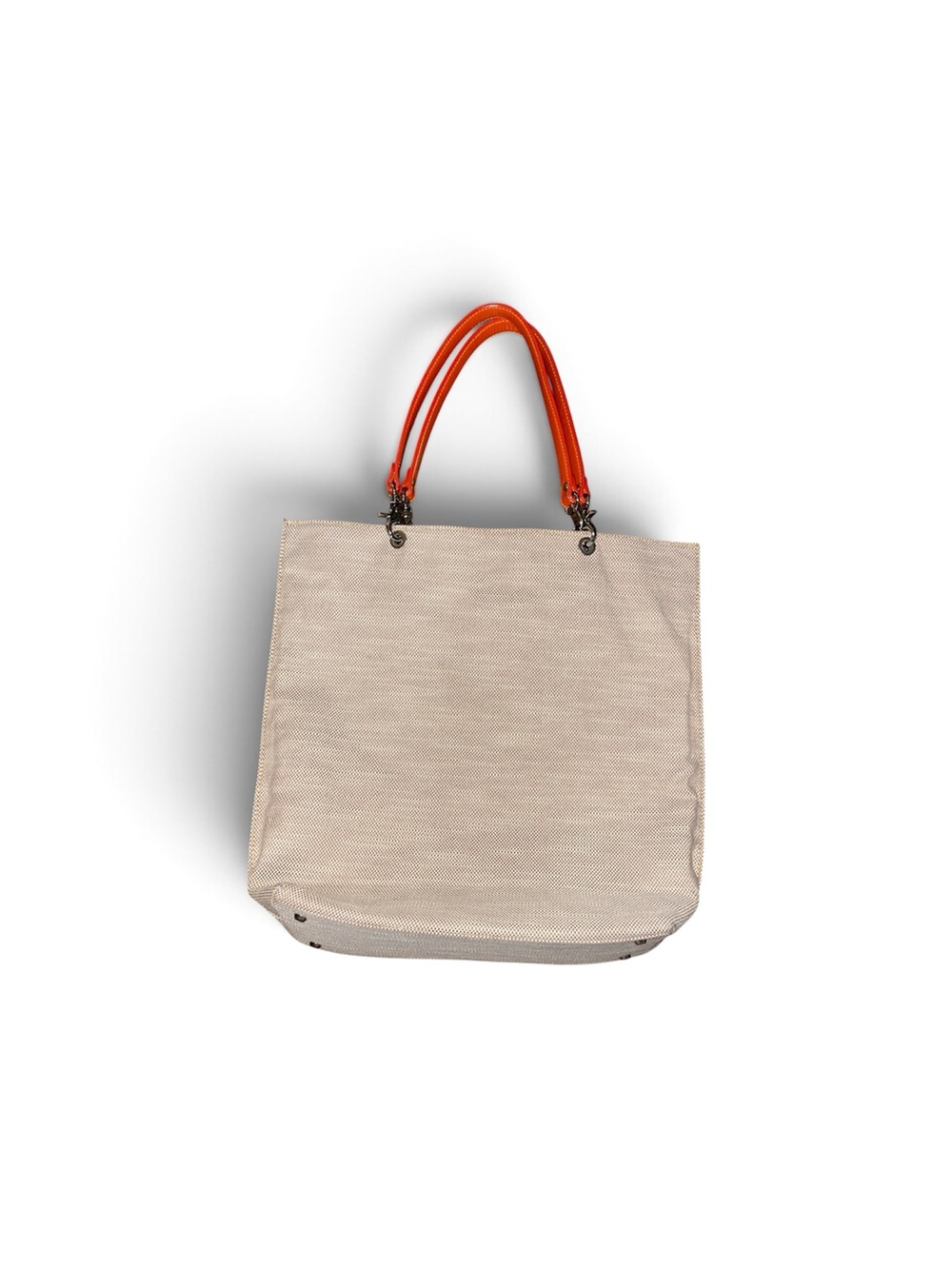 J McLaughlin Linen Tote with orange leather straps